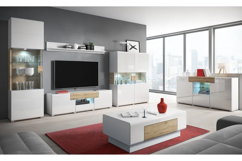 Saran Sideboard - Eik/Hvit høyglans - Oppbevaring - Oppbevaringsmøbler - Sideboard & skjenker