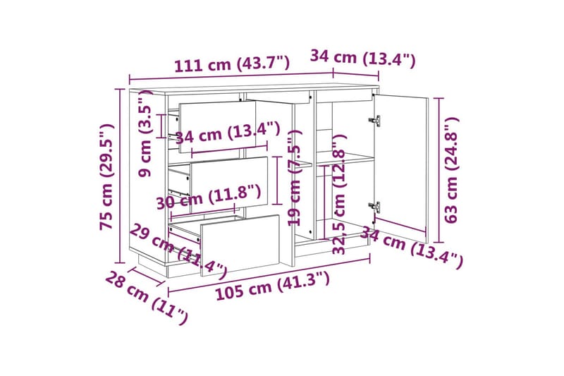 Skjenk 111x34x75 cm heltre furu - Brun - Sideboard & skjenker