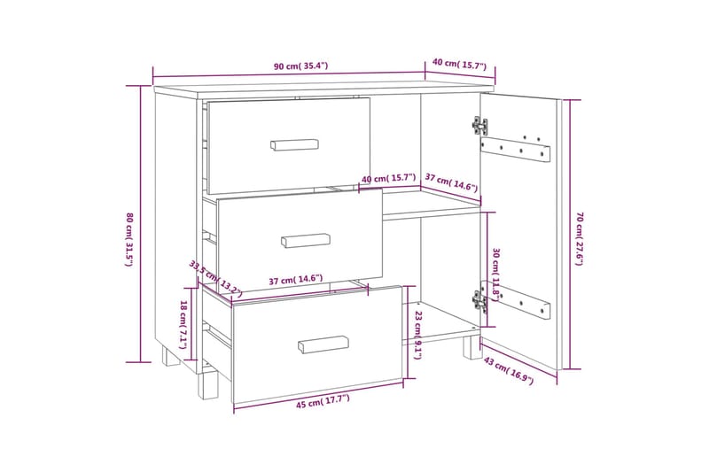 Skjenk lysegrå 90x40x80 cm heltre furu - Grå - Sideboard & skjenker