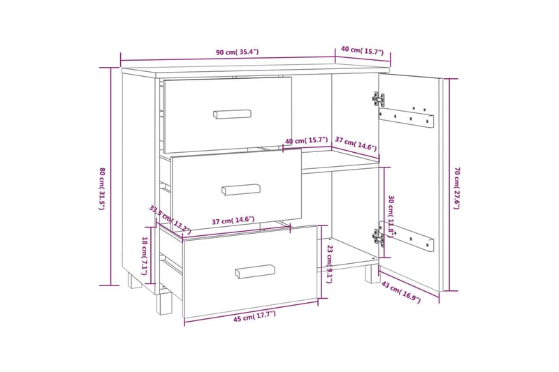 Skjenk mørkegrå 90x40x80 cm heltre furu - Grå - Oppbevaring - Oppbevaringsmøbler - Sideboard & skjenker