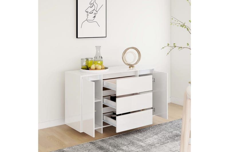 Skjenk med 3 skuffer høyglans hvit 120x41x75 cm sponplate - Hvit - Sideboard & skjenker