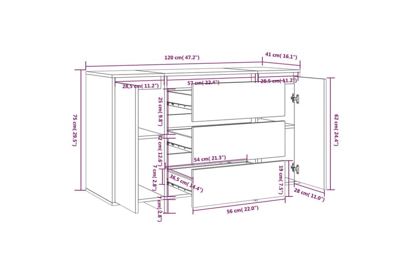 Skjenk med 3 skuffer høyglans hvit 120x41x75 cm sponplate - Hvit - Sideboard & skjenker