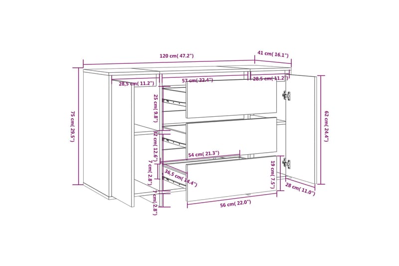 Skjenk med 3 skuffer svart 120x41x75 cm sponplate - Svart - Oppbevaring - Oppbevaringsmøbler - Sideboard & skjenker