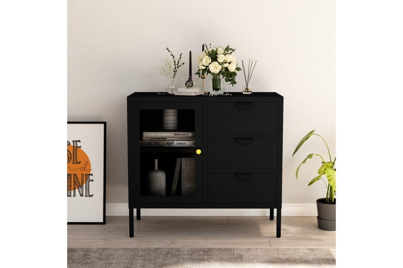 Skjenk svart 75x35x70 cm stål og herdet glass - Svart - Oppbevaring - Oppbevaringsmøbler - Sideboard & skjenker