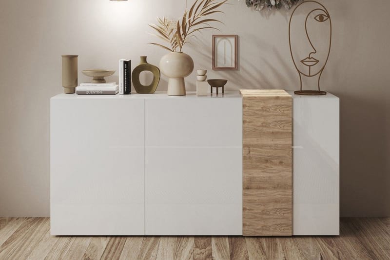 Venrivo Sideboard 44x181x86 cm - Hvit/Natur/Høyglans - Oppbevaring - Oppbevaringsmøbler - Sideboard & skjenker