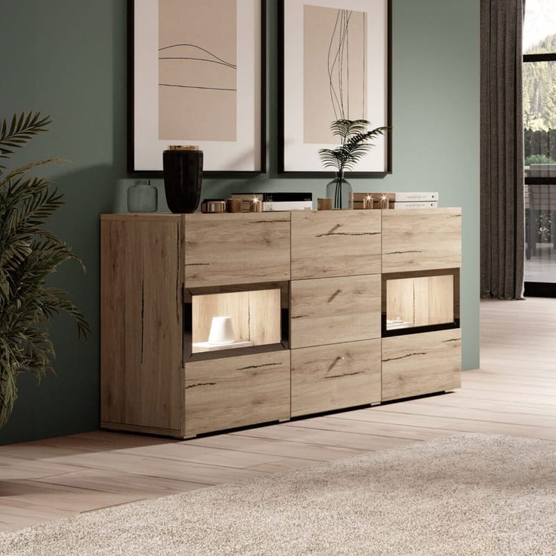 Skjenk Baros 2 Dører med 3 Skuffer - San Remo Eik Lys Laminat - Oppbevaring - Oppbevaringsmøbler - Sideboard & skjenker