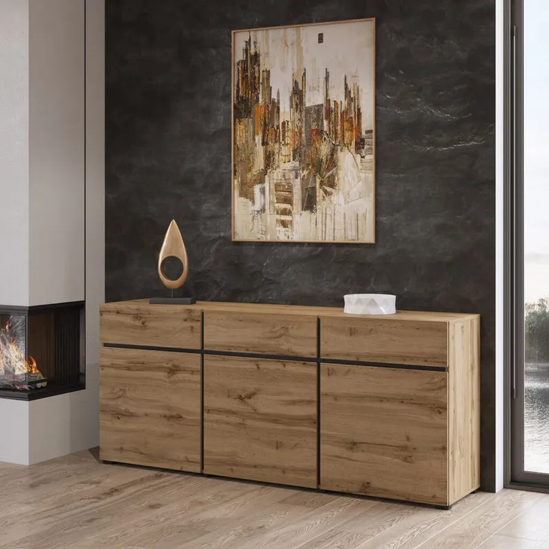 Skjenk Cross 3 Dører med 3 Skuffer - Wotan eik - svart - Oppbevaring - Oppbevaringsmøbler - Sideboard & skjenker