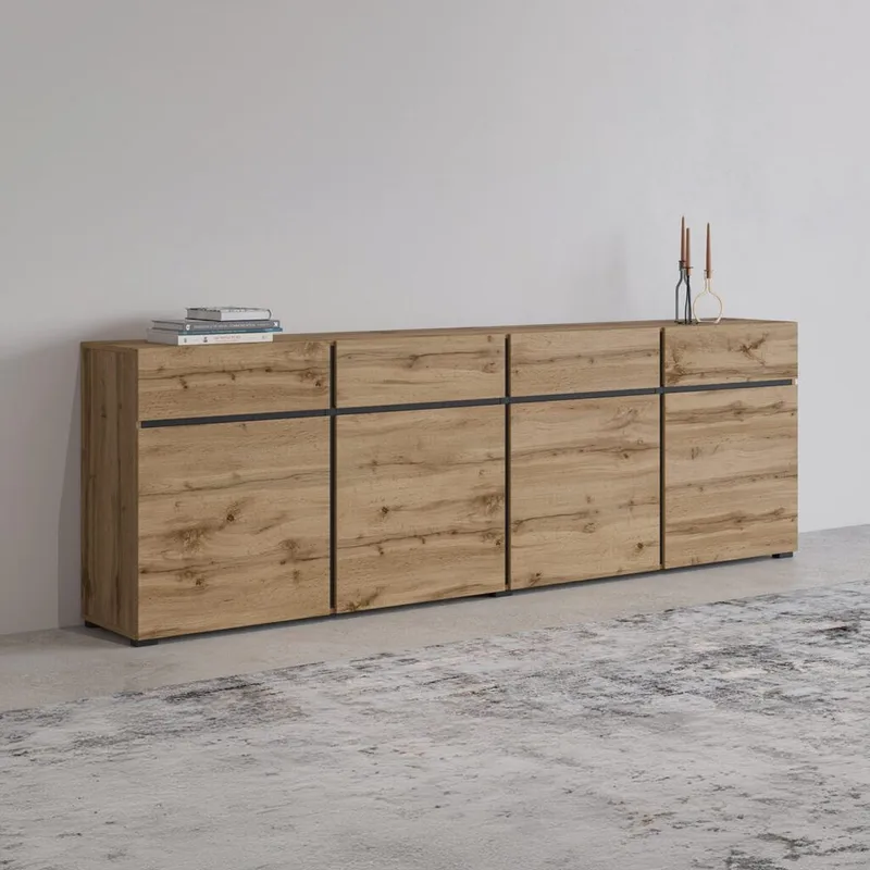 Skjenk Cross 4 dører med 4 skuffer - Wotan eik - Svart - Oppbevaring - Oppbevaringsmøbler - Sideboard & skjenker