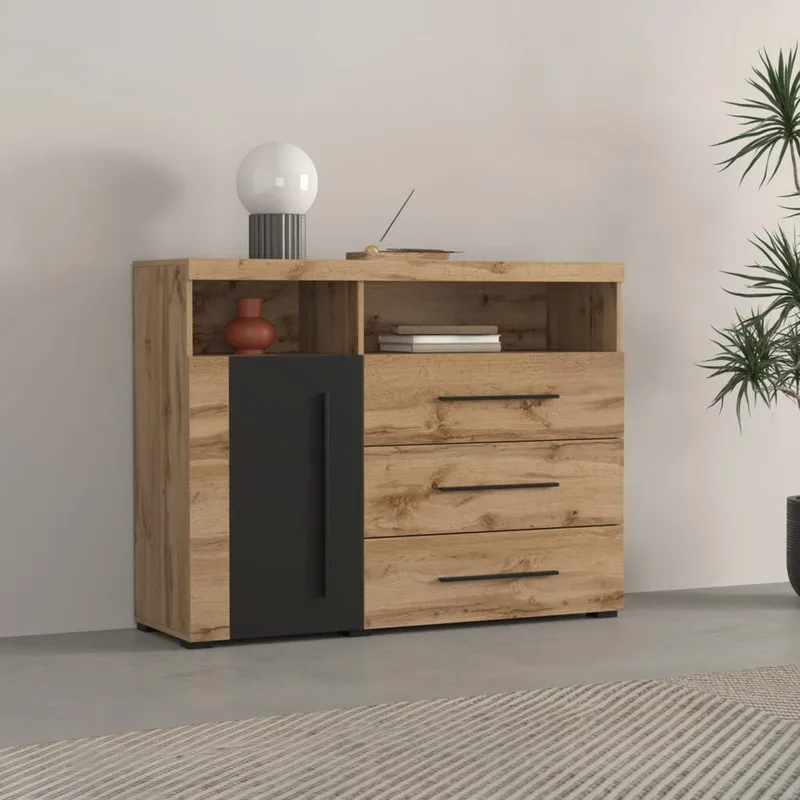Skjenk Roger 1 Dør med 3 Skuffer - Wotan eik - Oppbevaring - Oppbevaringsmøbler - Sideboard & skjenker
