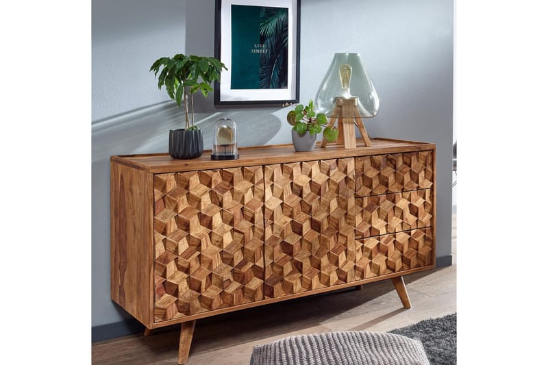 Skjenk Wohnling Massivt tre 3D kubeoptikk front 138 cm Landlig stil - Møbler - Bord - Avlastningsbord - Lampebord & sidebord