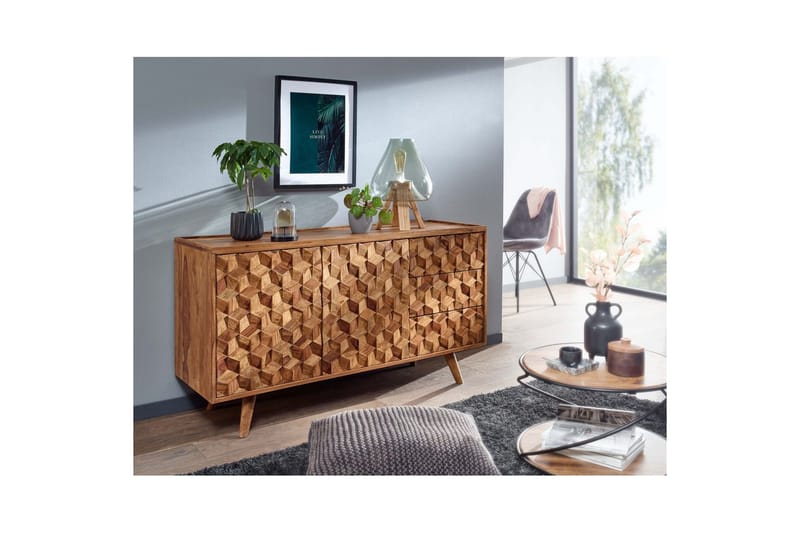 Skjenk Wohnling Massivt tre 3D kubeoptikk front 138 cm Landlig stil - Møbler - Bord - Avlastningsbord - Lampebord & sidebord