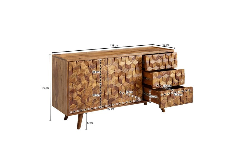Skjenk Wohnling Massivt tre 3D kubeoptikk front 138 cm Landlig stil - Møbler - Bord - Avlastningsbord - Lampebord & sidebord