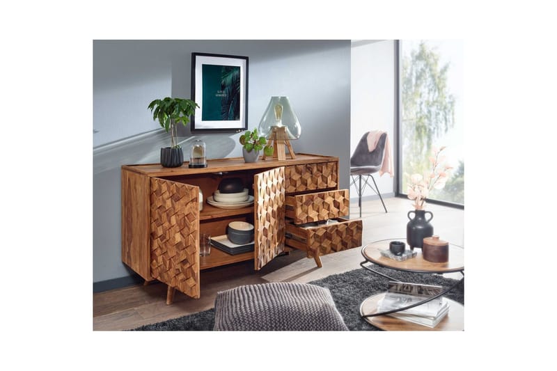 Skjenk Wohnling Massivt tre 3D kubeoptikk front 138 cm Landlig stil - Møbler - Bord - Avlastningsbord - Lampebord & sidebord