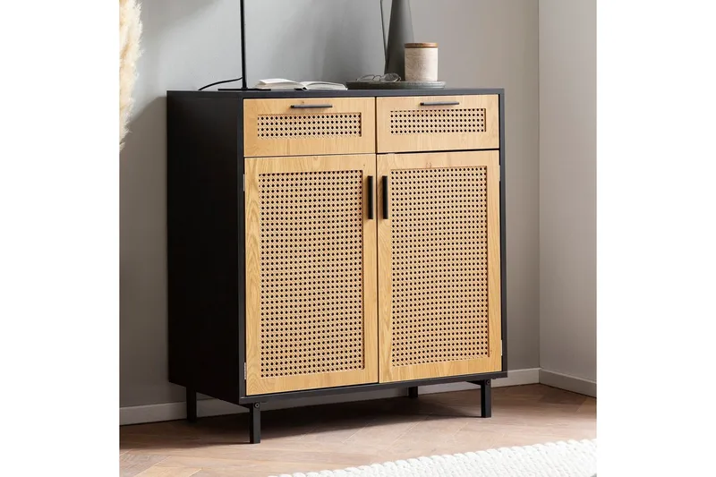 Skjenk Wohnling Melaminbelagt MDF 80 cm 2 dører 2 skuffer med flettverk i Wieners stil moderne - Møbler - Bord - Avlastningsbord - Brettbord og småbord