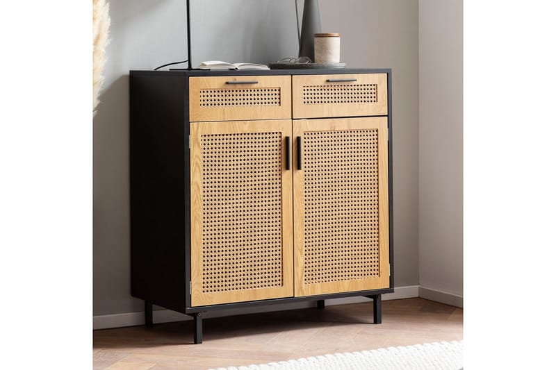 Skjenk Wohnling Melaminbelagt MDF 80 cm 2 dører 2 skuffer med flettverk i Wieners stil moderne - Møbler - Bord - Avlastningsbord - Lampebord & sidebord