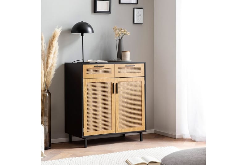 Skjenk Wohnling Melaminbelagt MDF 80 cm 2 dører 2 skuffer med flettverk i Wieners stil moderne - Møbler - Bord - Avlastningsbord - Lampebord & sidebord
