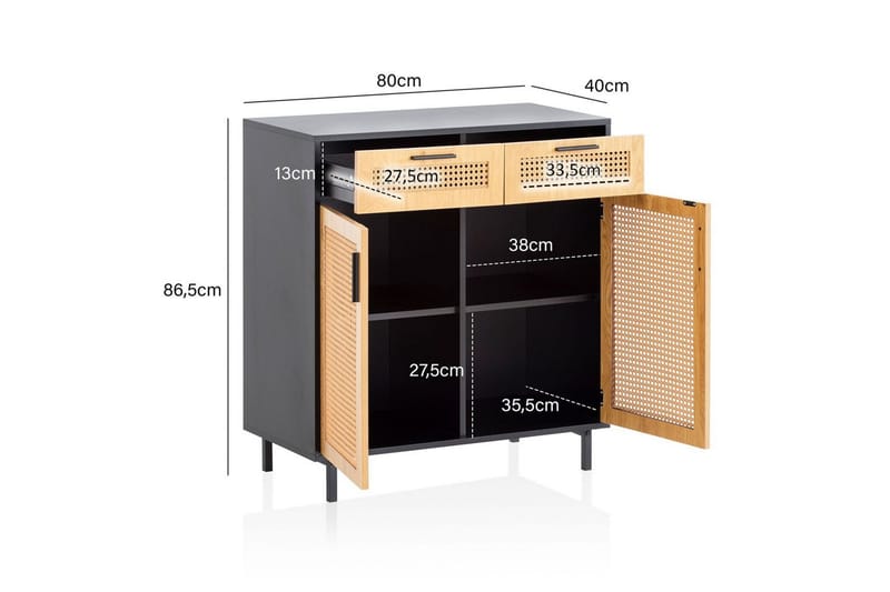 Skjenk Wohnling Melaminbelagt MDF 80 cm 2 dører 2 skuffer med flettverk i Wieners stil moderne - Møbler - Bord - Avlastningsbord - Lampebord & sidebord