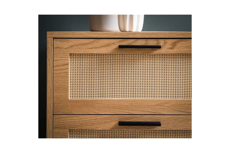 Skjenk Wohnling Melaminbelagt MDF Eik Optikk 3 Skuffer 1 Dør med Rattan Front Moderne - Møbler - Bord - Avlastningsbord - Brettbord og småbord