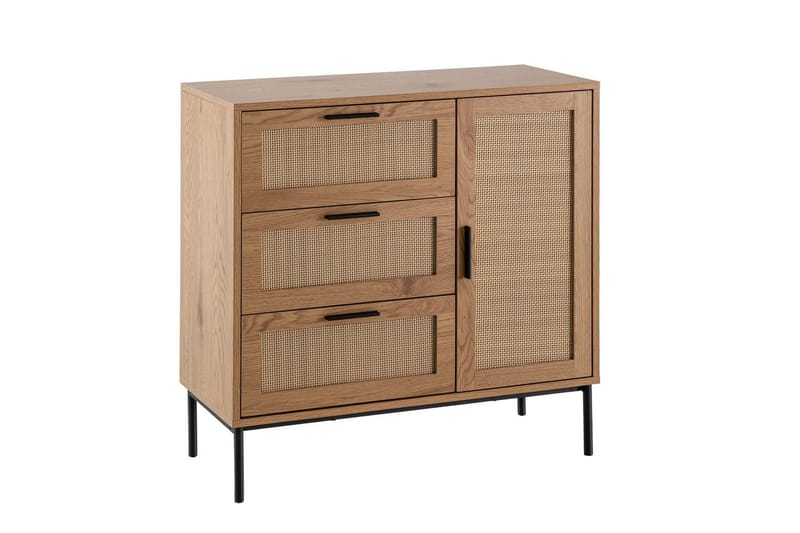 Skjenk Wohnling Melaminbelagt MDF Eik Optikk 3 Skuffer 1 Dør med Rattan Front Moderne - Møbler - Bord - Avlastningsbord - Lampebord & sidebord