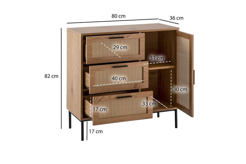 Skjenk Wohnling Melaminbelagt MDF Eik Optikk 3 Skuffer 1 Dør med Rattan Front Moderne - Møbler - Bord - Avlastningsbord - Lampebord & sidebord