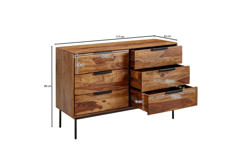Skjenk Wohnling Solid tre 117 cm 6 skuffer filigrane metallben i landlig stil - Oppbevaring - Oppbevaringsmøbler - Sideboard & skjenker