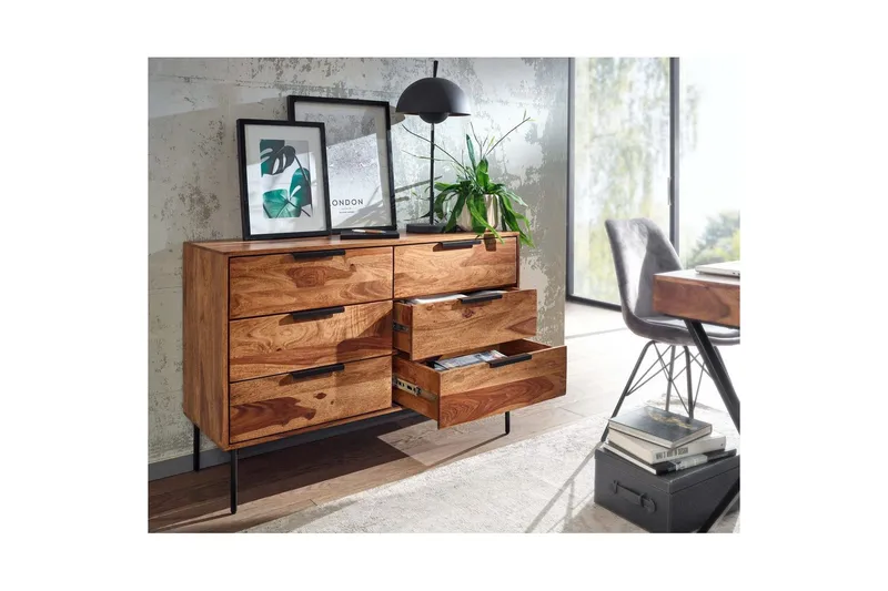 Skjenk Wohnling Solid tre 117 cm 6 skuffer filigrane metallben i landlig stil - Oppbevaring - Oppbevaringsmøbler - Sideboard & skjenker