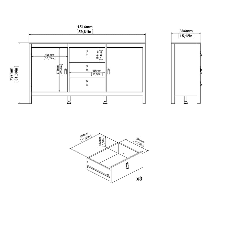 Vallvidera Skjenk med 2 dører og 3 skuffer 151 cm - Oppbevaring - Oppbevaringsmøbler - Sideboard & skjenker