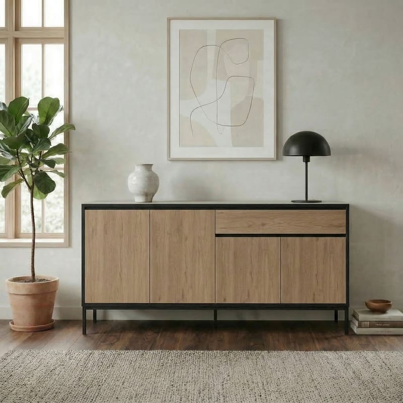 Velar Konsoll 180x80x40 cm - Naturlig eik, tre-svart, svart - Oppbevaring - Oppbevaringsmøbler - Sideboard & skjenker