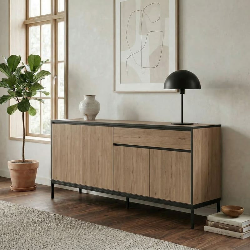 Velar Konsoll 180x80x40 cm - Naturlig eik, tre-svart, svart - Oppbevaring - Oppbevaringsmøbler - Sideboard & skjenker