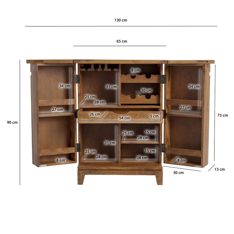 Avelo barskap 65 cm i massivt sheeshamtre med nedfellbar design - naturtre - Oppbevaring - Skap - Barskap