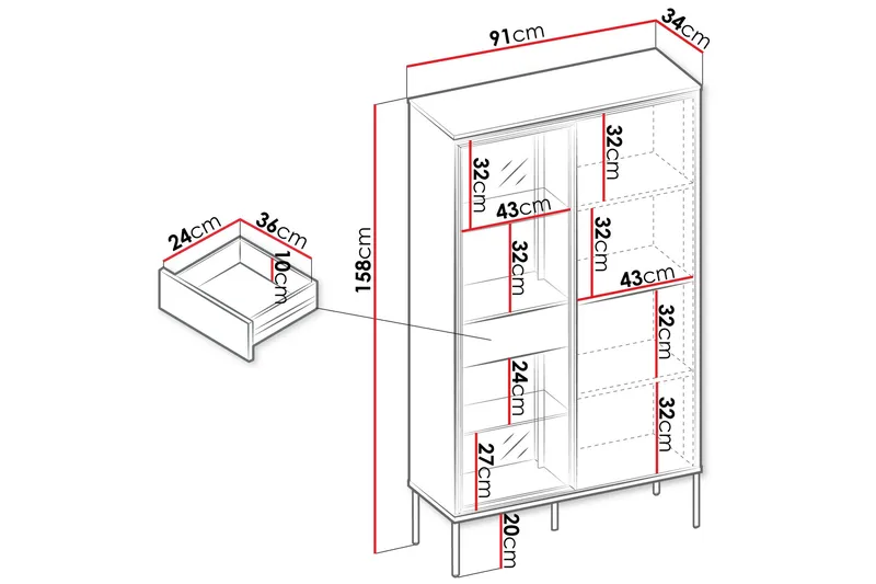 Basici Vitrineskap 91x158 cm - Hvit - Oppbevaring - Skap - Vitrineskap