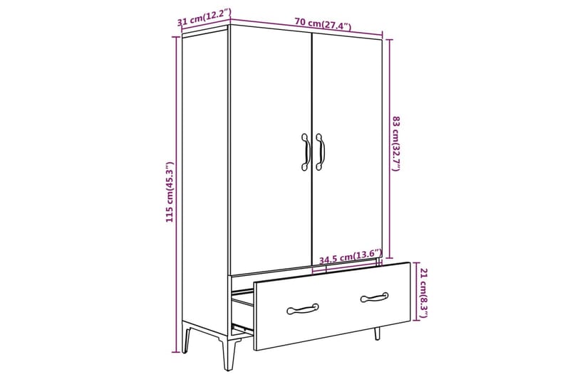 beBasic Highboard sonoma eik 70x31x115 cm konstruert tre - Brun - Oppbevaringsskap