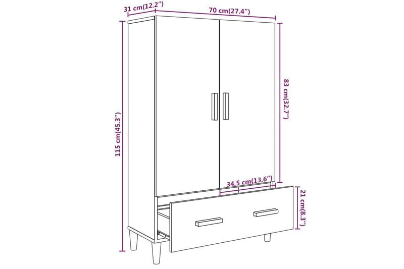 beBasic Highboard sonoma eik 70x31x115 cm konstruert tre - Brun - Oppbevaringsskap