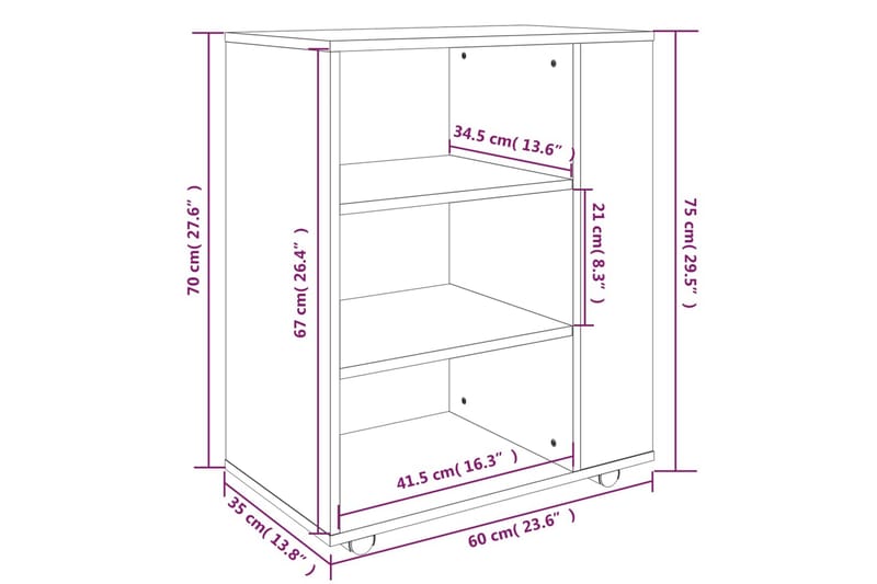 beBasic Rulleskap røkt eik 60x35x75 cm konstruert tre - Brun - Oppbevaringsskap - Hjørneskap