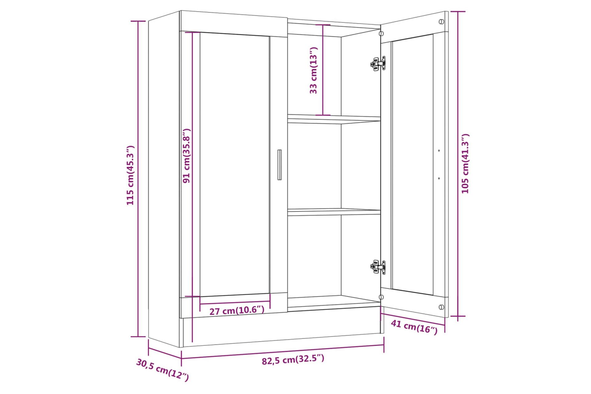 beBasic Vitrineskap brun eik 82,5x30,5x115 cm konstruert tre - Brun - Oppbevaring - Skap - Vitrineskap