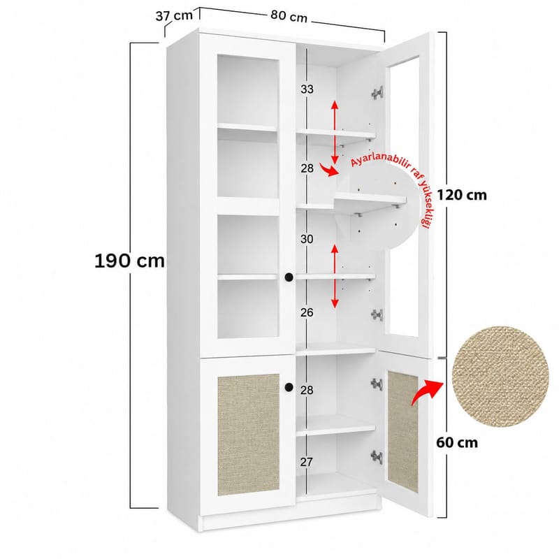 Flerbruks skap Hanah Home Lisa (80 x 190 x 37 cm) Hvit - Hvit - Oppbevaring - Skap - Vitrineskap