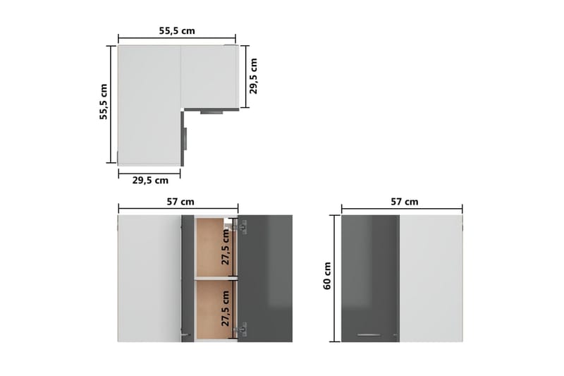 Hengende hjörneskap höyglans grå 57x57x60 cm sponplate - Grå - Oppbevaringsskap - Hjørneskap