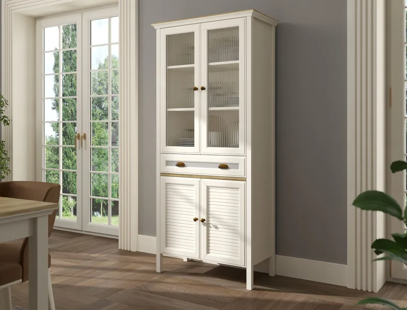 Murina Multifunksjonsskap 88x194 cm - Krem, eik, grå - Oppbevaring - Skap - Vitrineskap