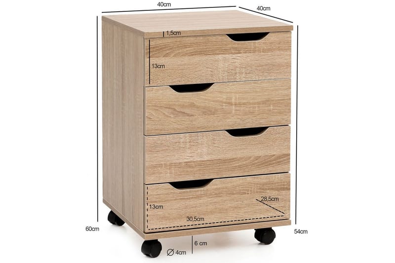 Rullecontainer Wohnling 4 skuffer foliert sponplate med hjul, moderne - Oppbevaring - Skap - Oppbevaringsskap - Kontorskap - Tegneskap & arkitektskap