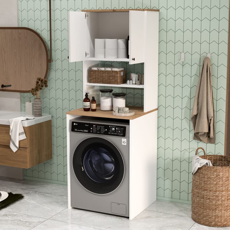 Vaskemaskinskap Hanah Home Nord (65,8 x 183,6 x 60 cm) White Oak - Hvit og eik - Oppbevaring - Skap - Oppbevaringsskap - Sikkerhetsskap - Medisinskap