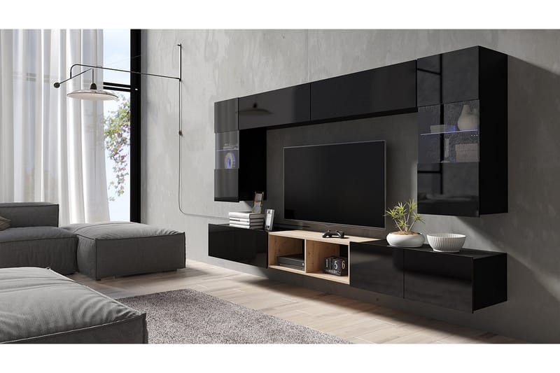 Stakem TV-Møbelsett med Hvit LED - Svart - Oppbevaring - Skap - Oppbevaringsskap