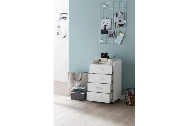 Rullecontainer Wohnling 4 skuffer med hjul, oppbevaringsbrett, foliert sponplate, moderne stil Hvit - Hvit - Oppbevaring - Skap - Oppbevaringsskap