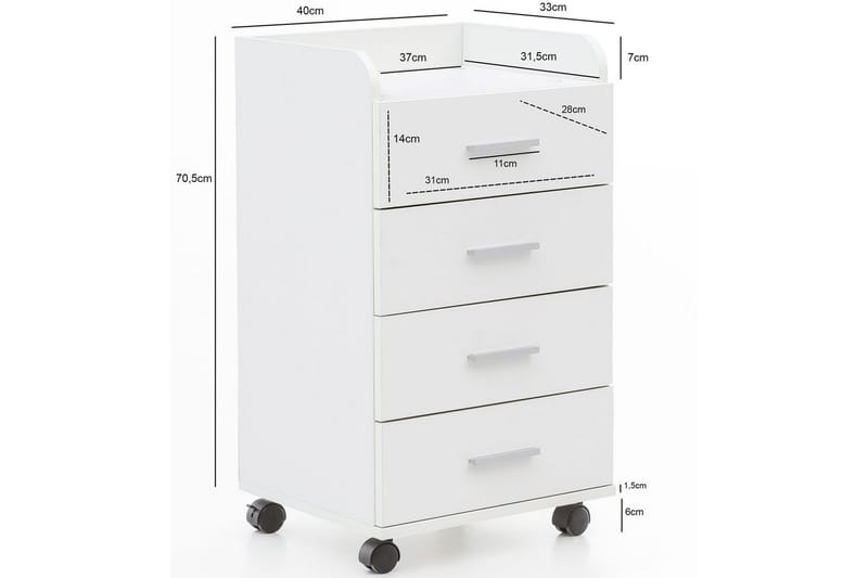 Rullecontainer Wohnling 4 skuffer med hjul, oppbevaringsbrett, foliert sponplate, moderne stil Hvit - Hvit - Oppbevaring - Oppbevaringsmøbler - Kommode - Skuffeseksjon