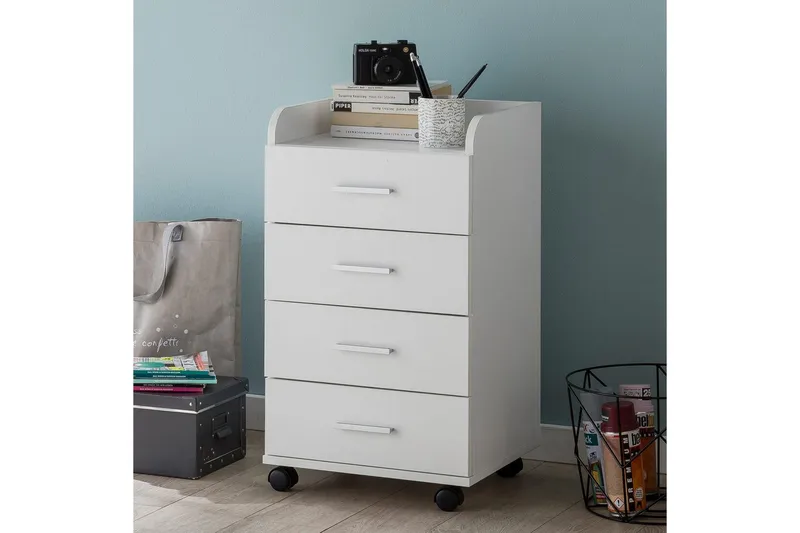 Rullecontainer Wohnling 4 skuffer med hjul, oppbevaringsbrett, foliert sponplate, moderne stil Hvit - Hvit - Oppbevaring - Skap - Oppbevaringsskap