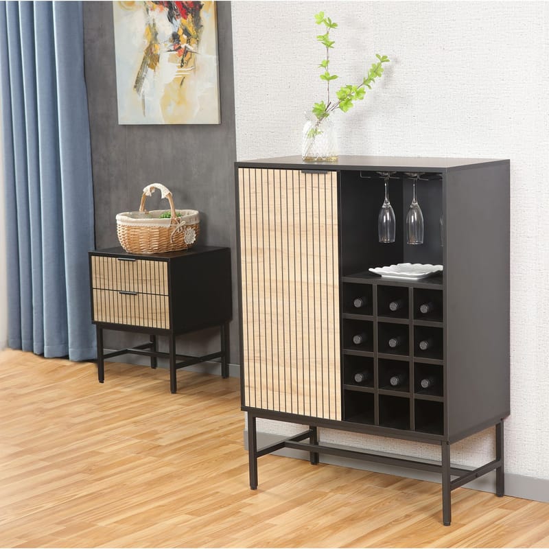 Skap HOME4YOU Helve med vinreol 80x40x110 cm melamin - svart / lyst tre - Oppbevaring - Skap - Barskap