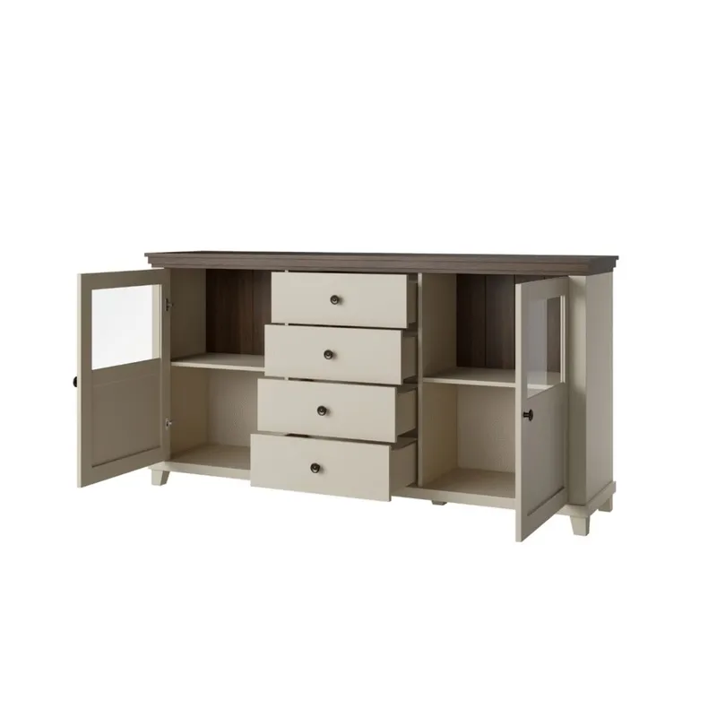 Vitrineskap Evora 2 dører med 4 skuffer - Lys Beige - Oppbevaring - Skap - Vitrineskap