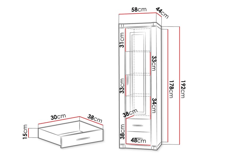 Dallas Vitrineskap 58x43,5x192 cm - Vitrineskap