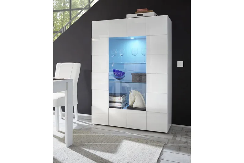 Dama Vitrineskap 121 cm - Hvit Høyglanslakk - Oppbevaring - Skap - Vitrineskap
