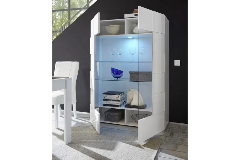 Dama Vitrineskap 121 cm - Hvit Høyglanslakk - Oppbevaring - Skap - Vitrineskap