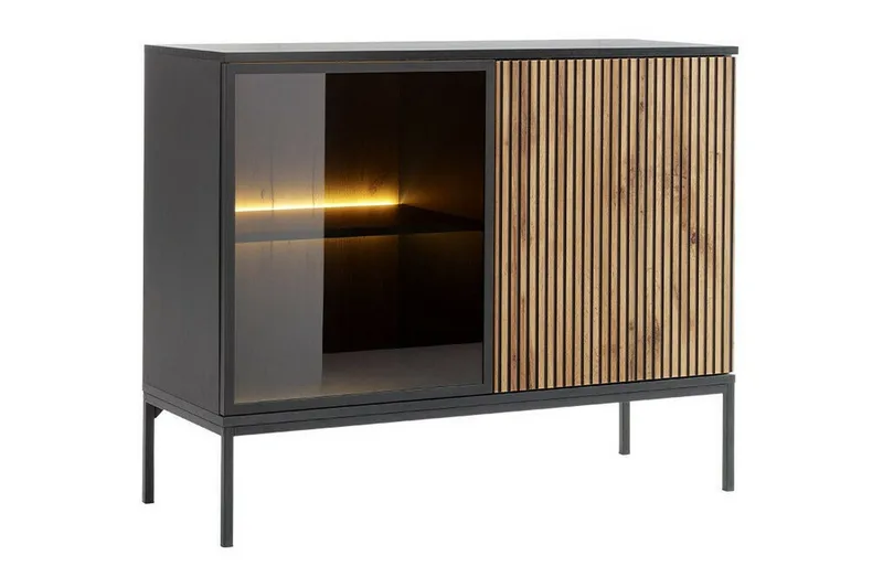Klinkerville Lavt vitrineskap med belysning 39 cm dyp 104 cm, Svart Tre / Glass / Ribbet